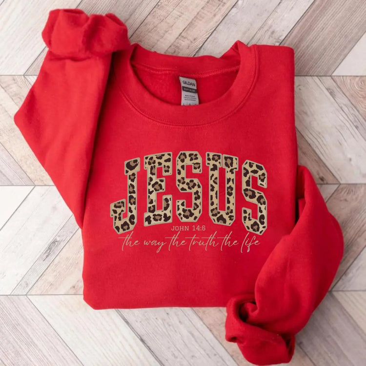 Christian Jesus Leopard Sweatshirt, Cheetah Print Bible Verse , Trendy Faith Apparel Gift, Jesus Loves You, The Way The Truth The Life
